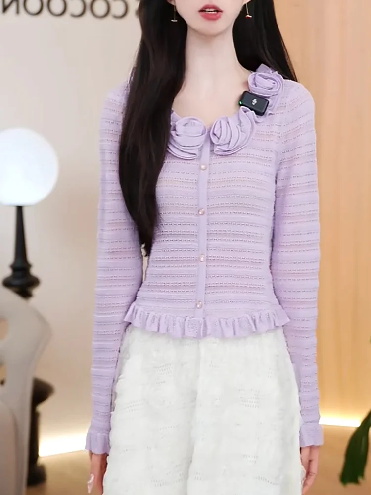 

Фиолетовый мягкий вязаный свитер с 3D цветами, модный милый топ для похудения на осенний сезон, Новое поступление, женские размеры больших размеров...