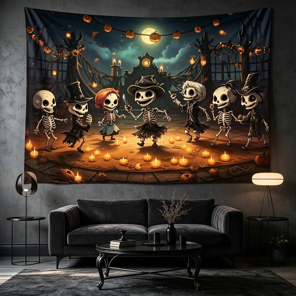 1PC Skeleton Dance Party Halloween Print Backdrop Banner, Bedroom Photo Background, Polyester, Halloween Party Decoration