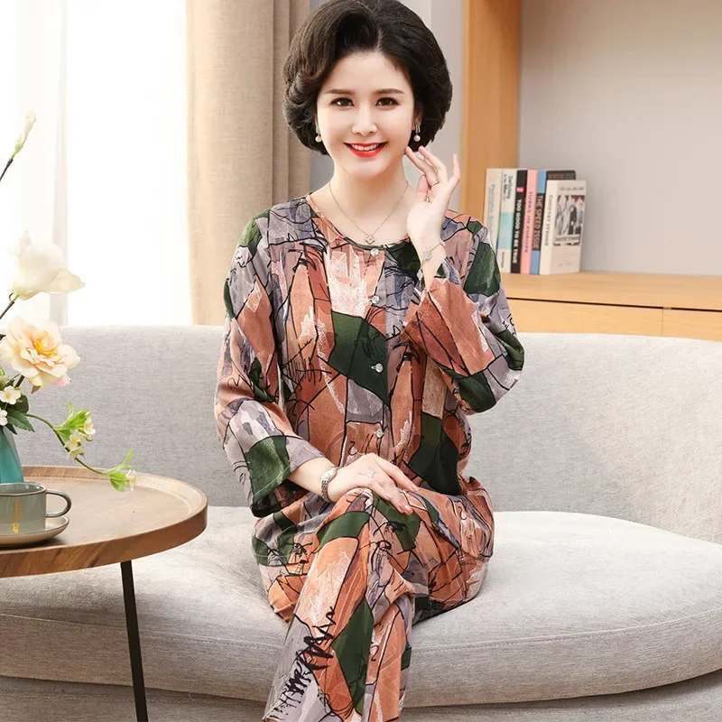 Pajama Pants Set Women's Clothing Homewear Summer Thin New Middle-aged Comfortable Casual Breathable Fashionable Loose Large