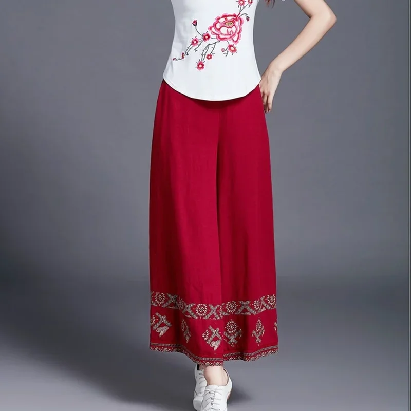 Ethnic Women'S Pants 2024 Summer Elastic Waist Loose Casual Wide Leg Pants Kung Fu Pants Cotton Linen Chinese Trousers 10349