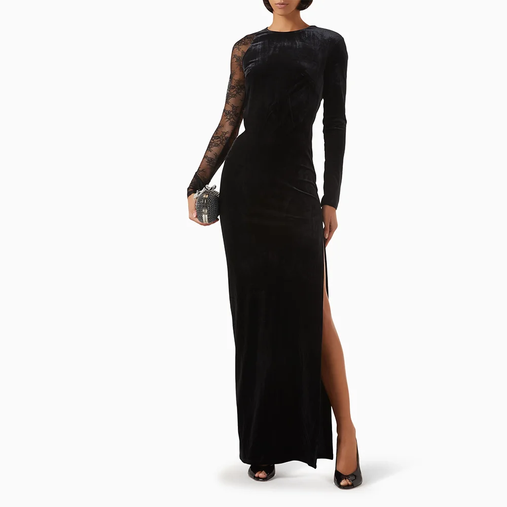 

Customized Black O-Neck Long Evening Dresses Elegant Formal Occasion Prom Gowns Velour Lace 2025 Ankle Length Prom Dresses