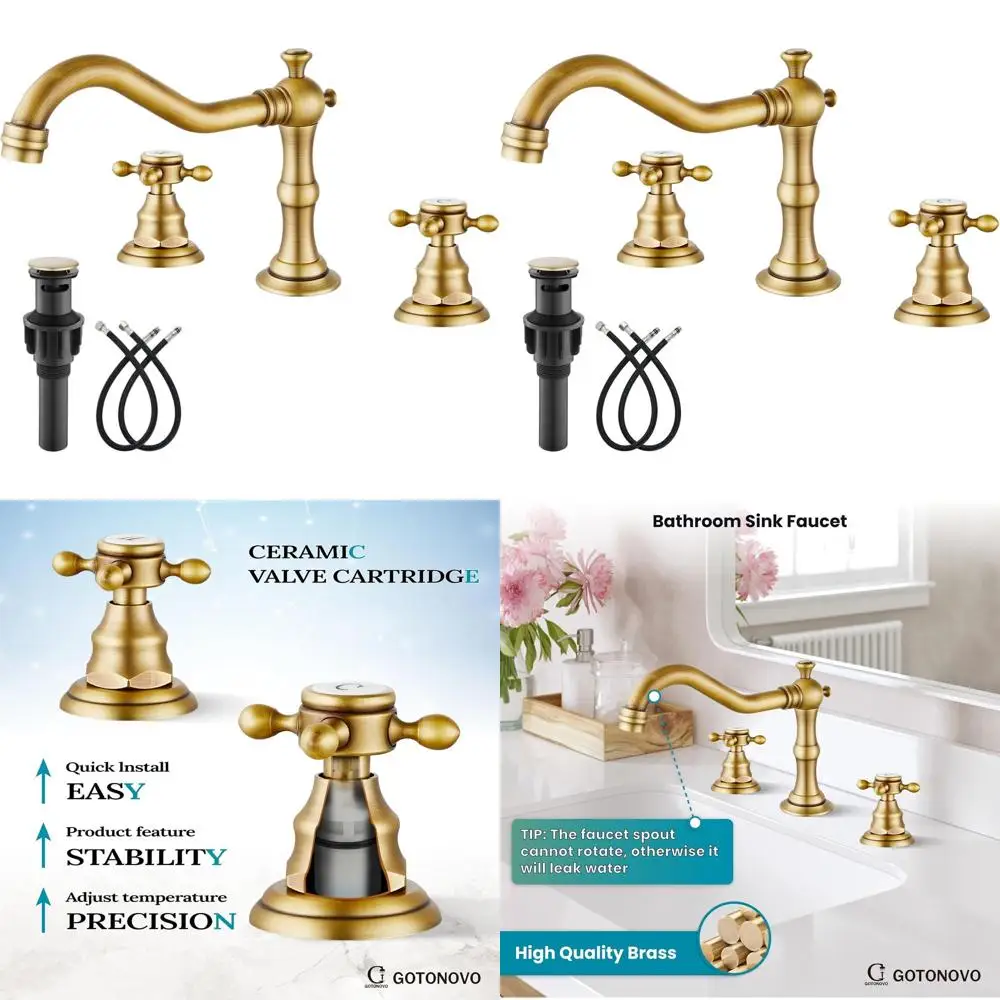 

8 Vintage Antique Brass Widespread 3-Hole Bathroom Sink Faucet with 2 Cross Handles and Pop-Up Drain