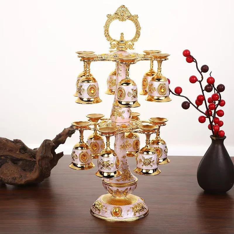 Metal European White Wine Glass Set with Double-Layer Rack for 6 or 12 Glasses Vintage Enamel Barware Set