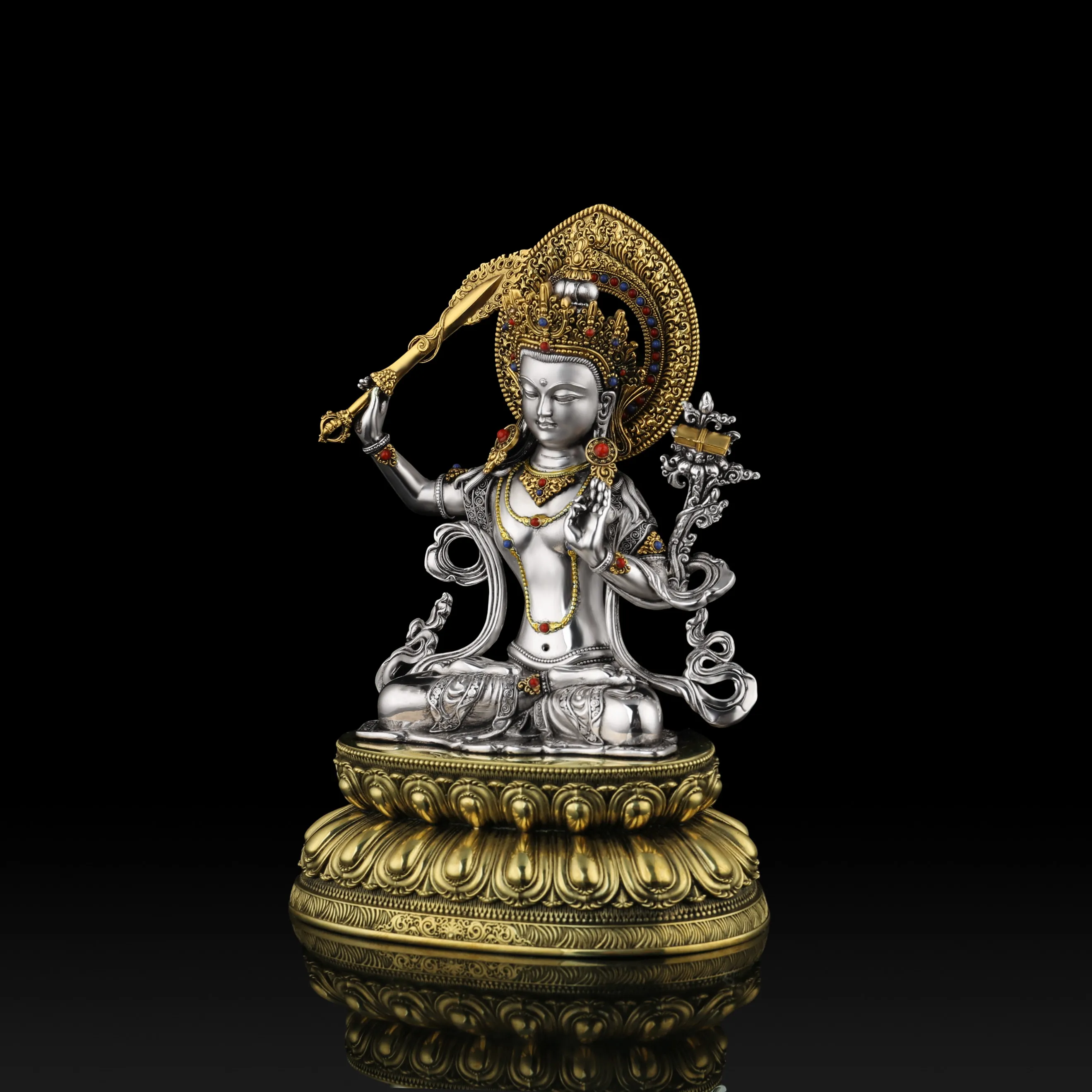 Tibetan Pure Copper Silver-Plated Manjushri with Wisdom Sword Statue 15cm Home Altar Wisdom Blessing