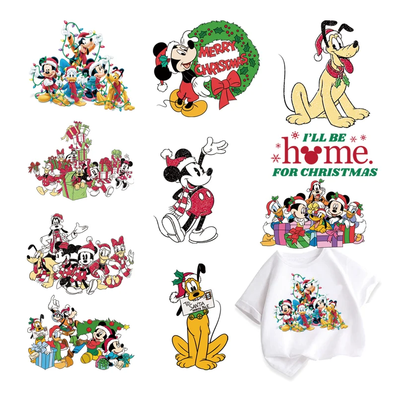 แผ่นแปะติดเสื้อผ้าลายมิกกี้เมาส์สำหรับเด็กแผ่นติดไวนิลแบบลอกลายด้วยความร้อนแผ่นติดแบบยืดหยุ่นสำหรับเทศกาลคริสต์มาส