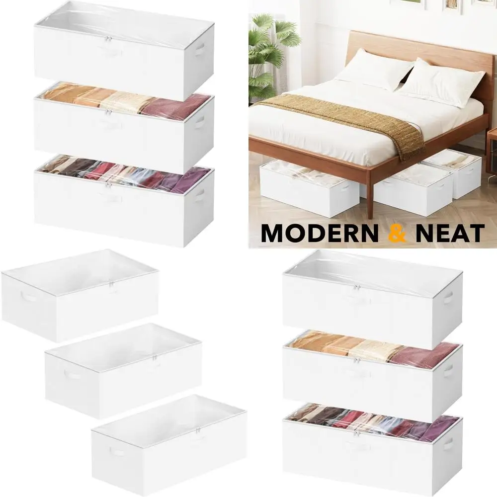

10 High Under Bed Storage Containers with Lids - Large Organizer Bins for Bedroom, Dorm, Clothes, and Bedding Storage (White)