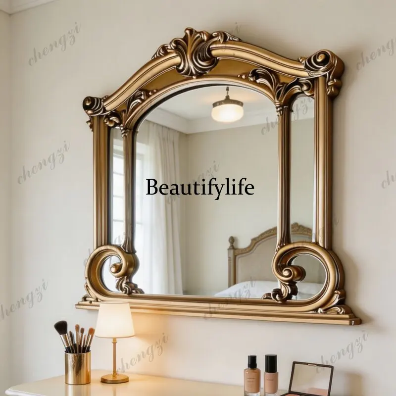 European retro wall-mounted vanity mirror, bedroom dresser decorative mirror, classical style carved arched vanity mirror