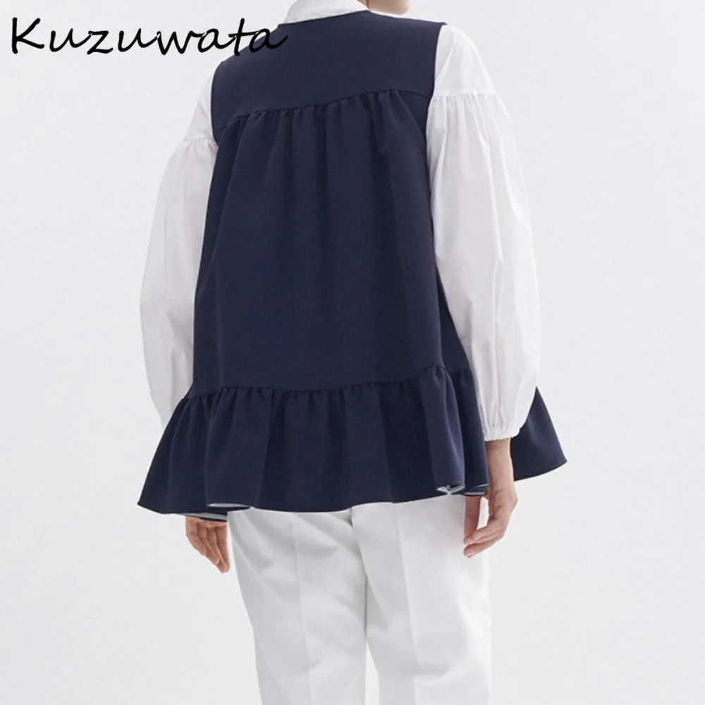 Kuzuwata Lovely Fungus Sleeveless O Neck Vest Single Breasted Sweet Ruched Temperament Tops Japan All-match Patchwork Casual Top