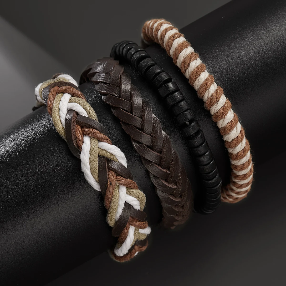 4Pcs/Set Braided Wrap Leather Bracelet for Men Women Vintage Yin Yang Infinity Wood Beads Charm Bracelets Male Wristband Jewelry