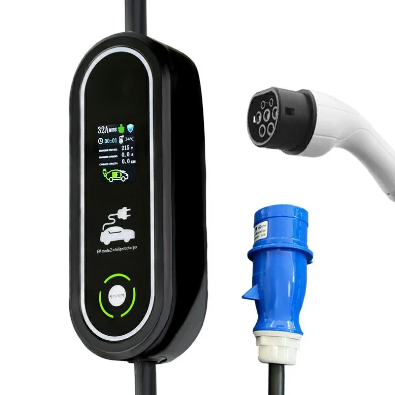 1Phase 32A 7KW Portable EV Charger IEC62196 Type 2 CEE Blue Plug for Electric Vehicle Charger EVSE