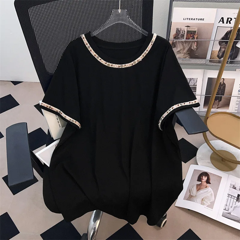 170kg plus size busto feminino 170 verão solto manga curta o pescoço diamante cravejado camiseta preto branco 4xl 5xl 6xl 7xl 8xl 9xl