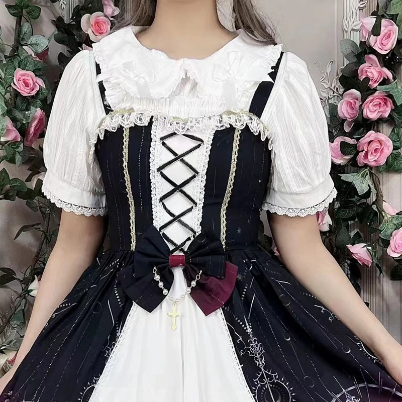 Japanese Gothic Lolita JK Shirts Women Vintage Bow Peter Pan Neck Bottoming Blouse Female Kawaii Puff Short Sleeve Blusas Mujer