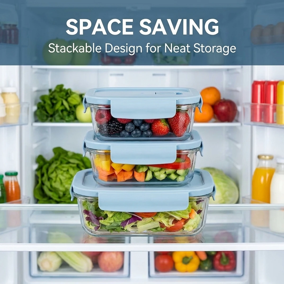 Shallow Blue Glass Bento Box–High Transparency & Stain-Resistant,Odor-Proof Airtight Seal,Dishwasher&Microwave Safe for Daily
