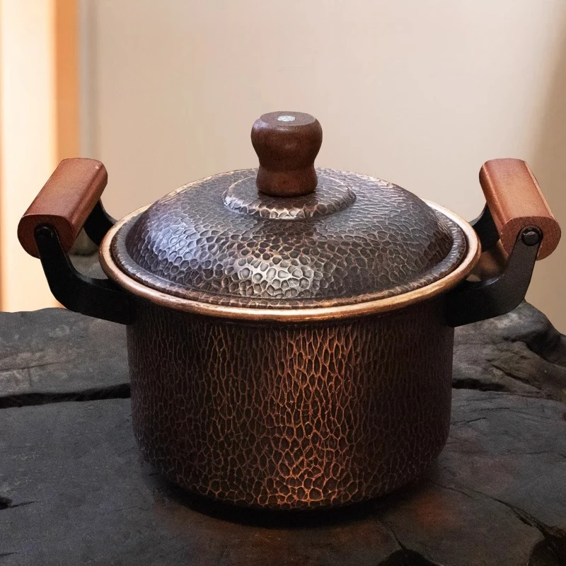 

Ручная ковка для глубокого супа из чистой меди с винтажными ручками с двойной петлей, безопасная для газа и индукции для приготовления тушения