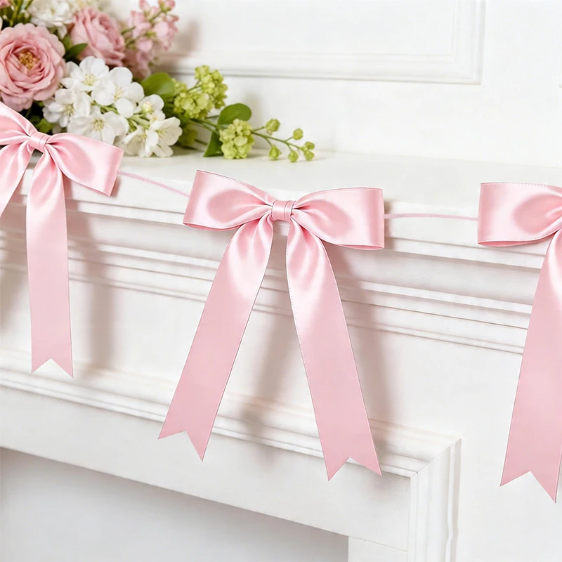 

1set Coquette Pink Satin Bowknot Garland Banner Ribbon Bow Bunting for Bridal Shower Baby Shower Birthday Party Home Wall Decor