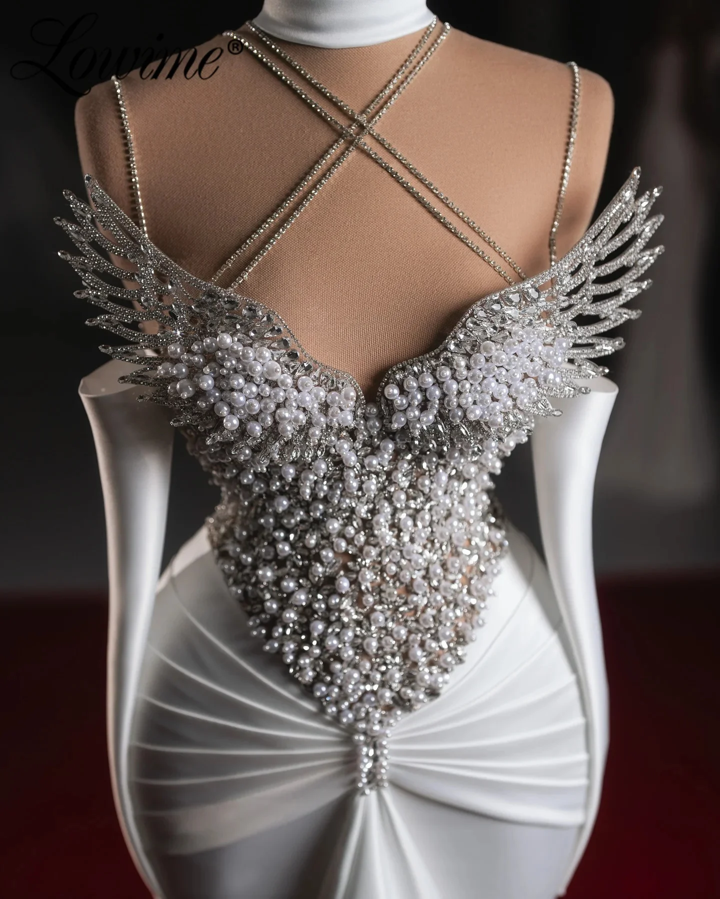 Vintage Pearls Wedding Dress Sleeveless Sequins Long Sleeve Bridal Dress Customized Beaded Sweep Train vestidos de novia