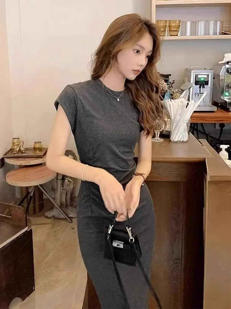 Ele – t-shirt plissé et cintré à la taille pour femmes, Design d'été, sensuel, amincissant, jupe longue en coton