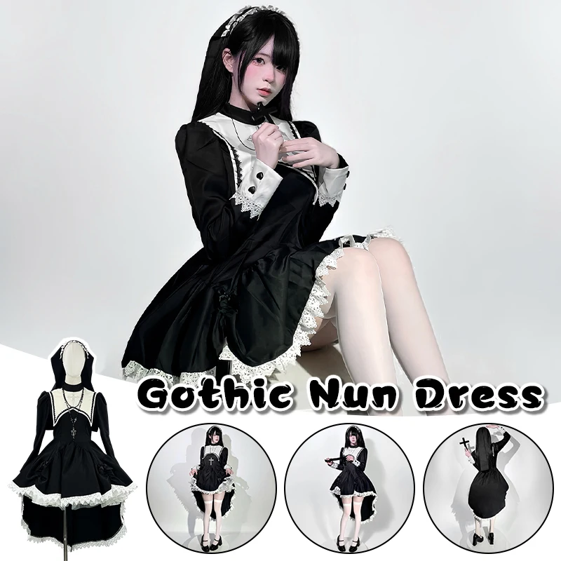 

Black Sweet Lolita Dress Dark Gothic Nun Costume Women Game Anime Cosplay Dress Subculture Halloween Carnival Costume + Headwear