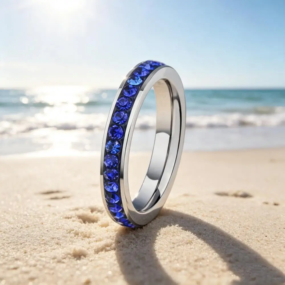 4MM Wide Blue Rhinestone Stainless Steel Rings For Women Men Silver Color Female Male Stackable Thin Wedding Bands Party Jewelry