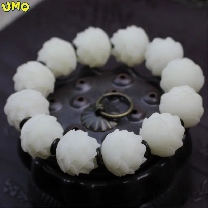 

Vintage Bodhi Root White Jade Zi Hand Chain Original Seed 5 Layer Lotus Simple Ancient Style Art Men's and Women's Ornament Brac