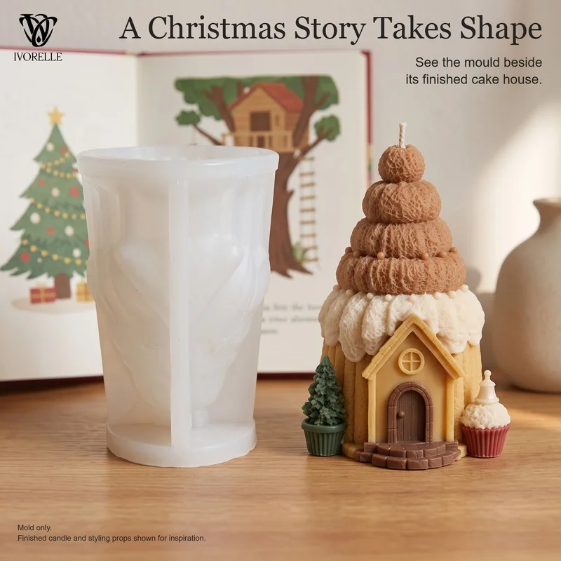 IVORELLE Christmas Cake House Silicone Candle Mold Layered Cake For Wax Resin Plaster Soap DIY Home Decor Craft