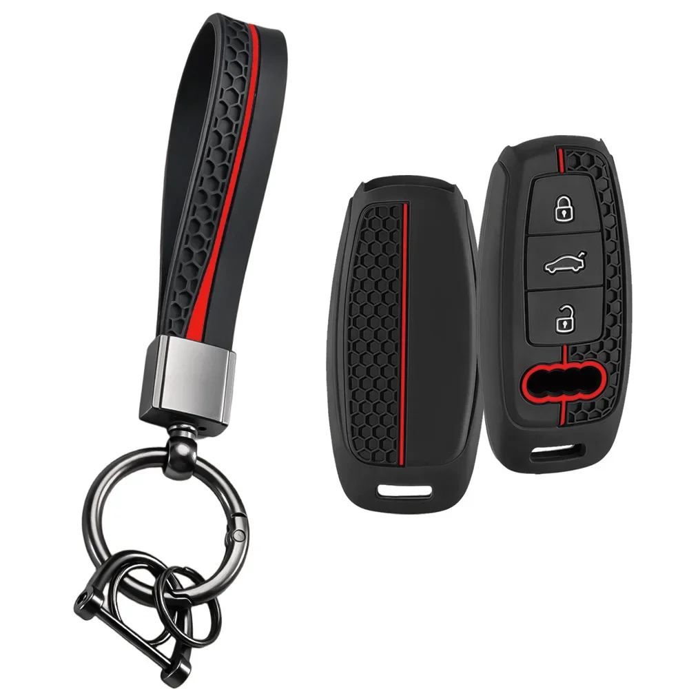 Racing Red Outline Silicone Wrap With Keychain For Audi A3 8Y A6 C8 A8 D5 Q5 Q8 Scratch Resistant Remote Key Cover