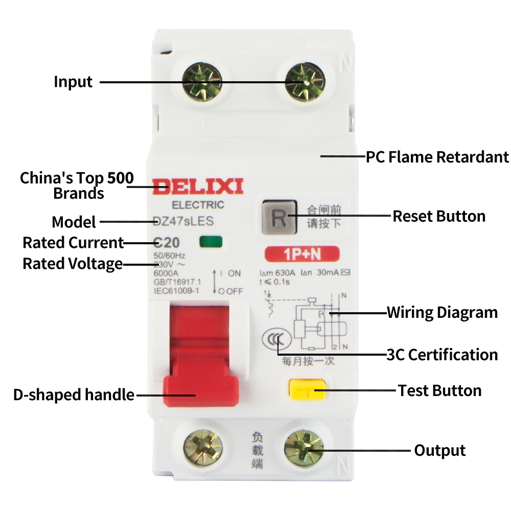 DELIXI Mini Circuit Breaker MCB 1P 2P 3P 4P DZ47 10-63A AC 230V 400V Over Short Current Leakage Protection Din Rail Mounting