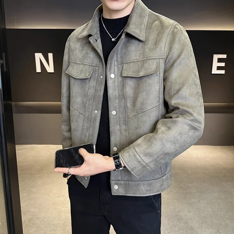 

Модная брендовая мужская замшевая куртка с воротником, теплая, универсальная, осенне-зимняя, новая, модная повседневная одежда, длинный свек с прямым подолом