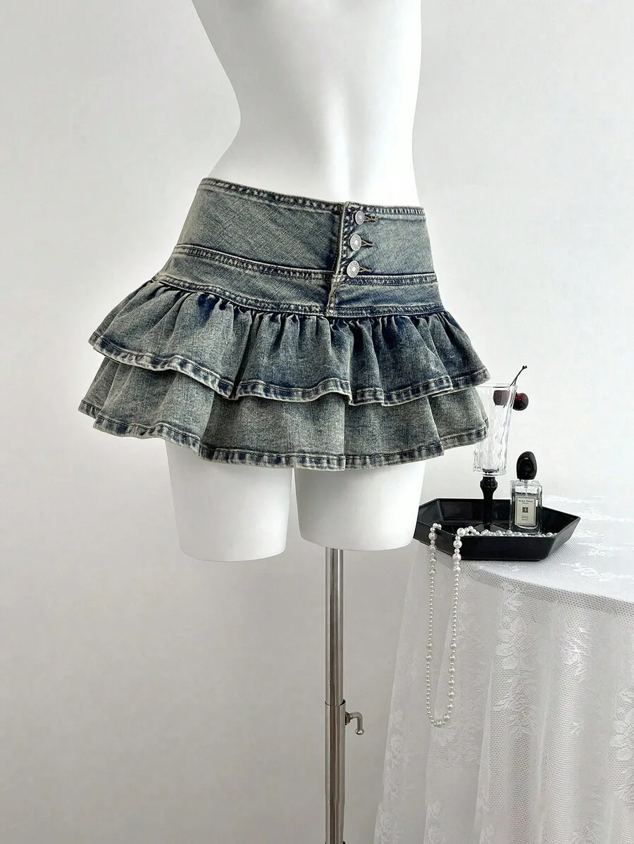 

Womens Denim Skirt With Button Waist And Double Ruffle Hem