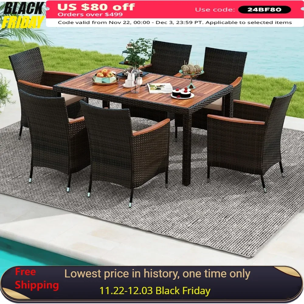 

Outdoor Wicker Dining Set, With Acacia Wood Table And 6 Stackable Chairs, With 1.96” Umbrella Hole And Cushion,patio Furniture