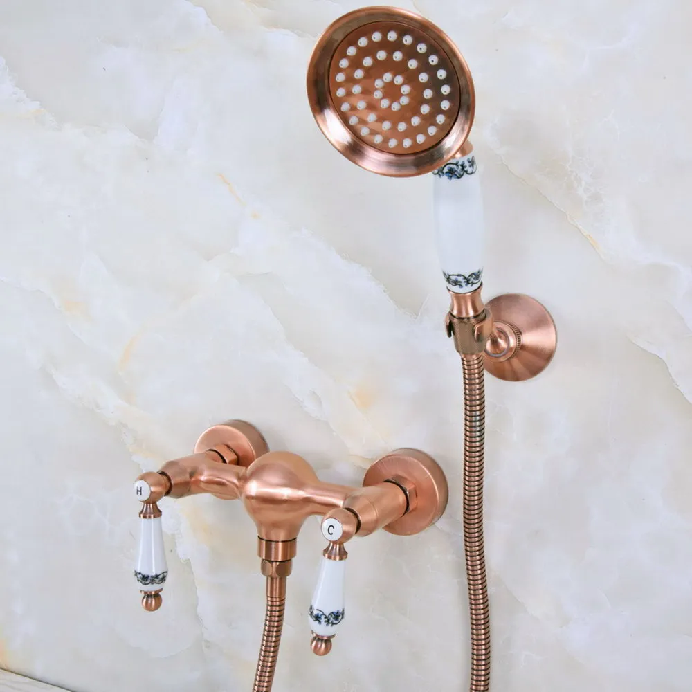 

Antique Red Copper Wall Mount Bathtub Faucet with Handheld Shower Set +1.5M Hose Mixer Tap 2na301