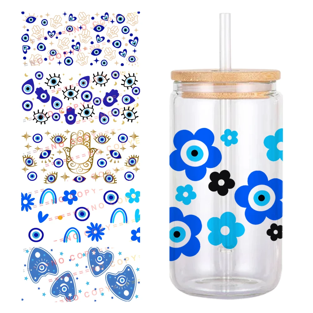 Blue Eye of Evil Pattern UV DTF Transfer Sticker Waterproof Transfers Decals For 16oz Glass Cup Wrap Stickers