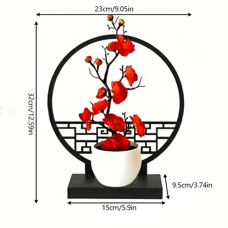 Chinese-Style Artificial Plum Blossom Bonsai (Elegant) - Screen Base Set, Ideal for Home & Office Decoration