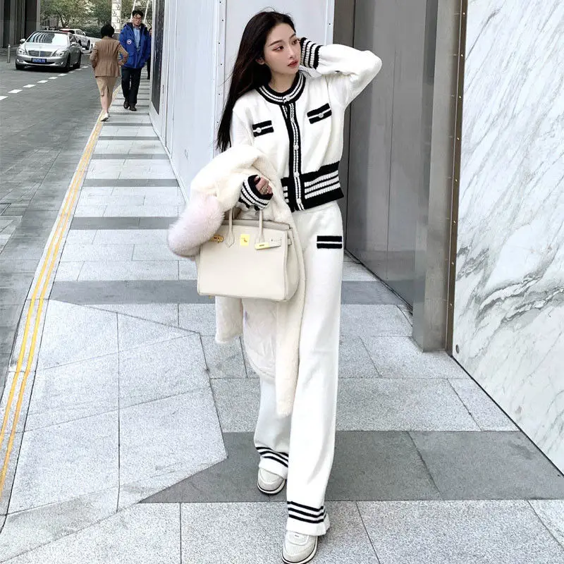 Elegant Knitted Suit Women Two Piece Set 2022 Spring Korean Sweater Cardigan And Fashion Wide Leg Pant Suit Chic Ladies Outfits