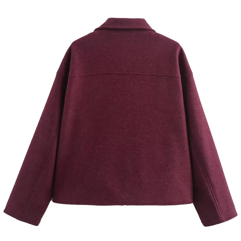 TRAF 2024 Woman Crop Burgundy Jacket Women\'s Jacket Autumn Winter Long Sleeve Zipper Big Pockets Outerwears Elegant Casual Coats