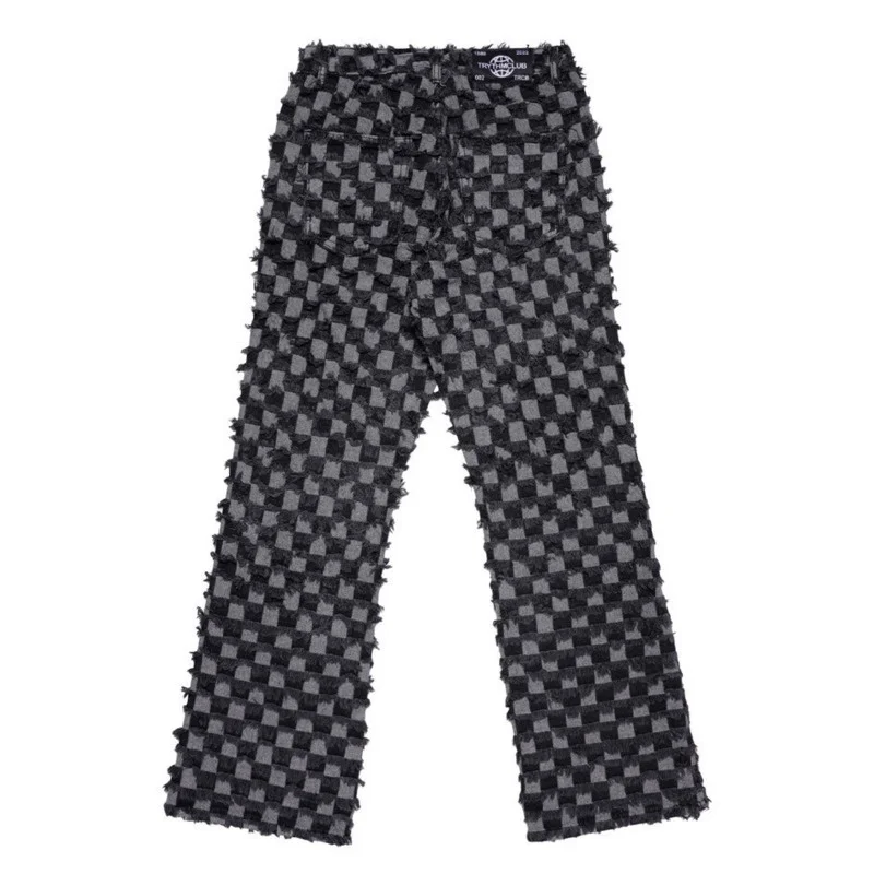 Chessboard Men Lattice Hole Burr Jeans High Street Fashion Straight Denim Trousers 2022 New Spring Loose Cotton Long Pants