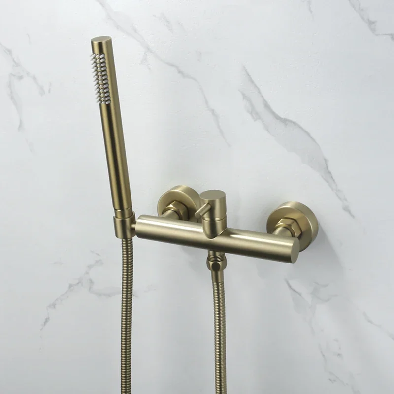 

Wall Mounted Single Handle Bidet Sprayer Wall Mounted Double Hole Hot Cold Water Mixing Valve Handheld Shower Brushed Gold