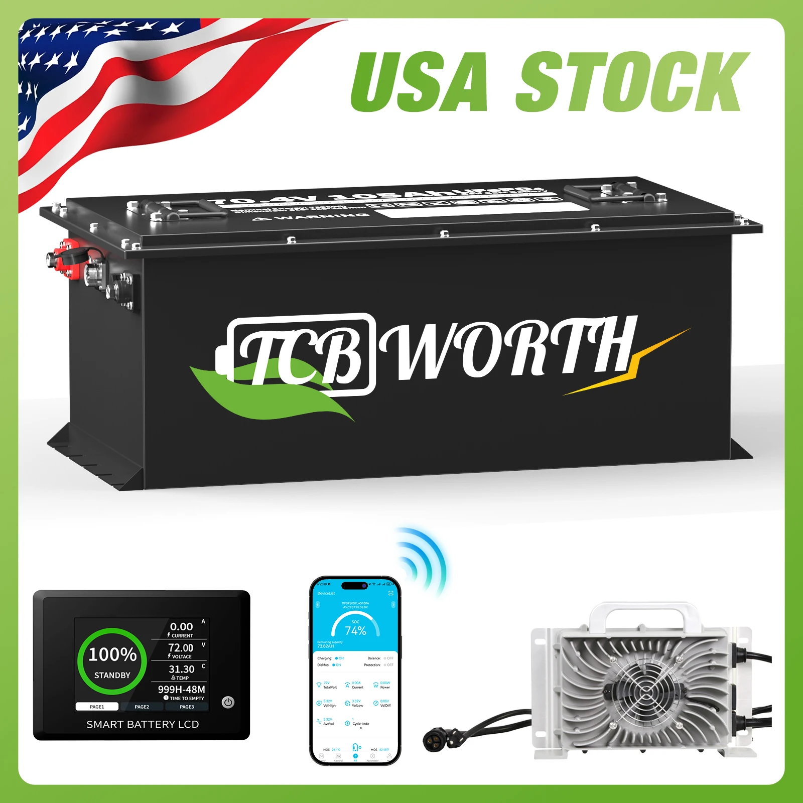 TCBWORTH 72V 105Ah Golf Cart Lithium Battery,Built-in BMS with Touch Monitor,APP Supported, MAX 14.08kW,Designed for Golf Carts