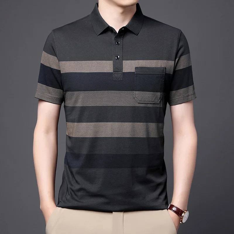 Golf Polo Shirts For Mens 2022 Summer New Cotton Turn Down Collar Striped Pocket Tops Contrast Color High Quality Men Clothing