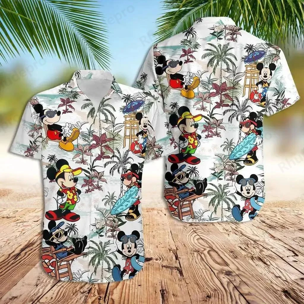 2025 미키 마우스 하와이안 셔츠 남녀 아동 패션 버튼업 반팔 디즈니 캐주얼 비치 Y2k 셔츠 도널드 덕