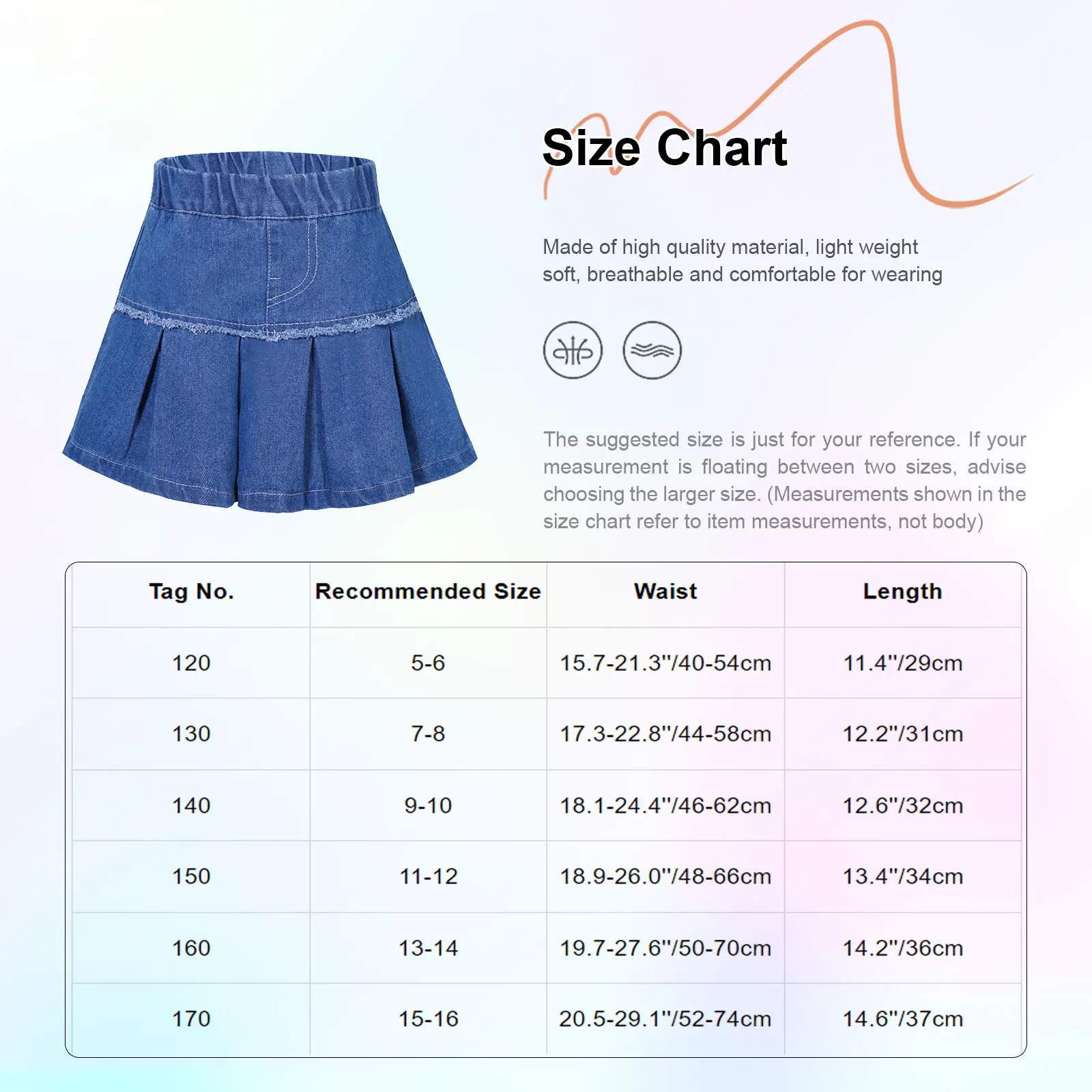 Kids Girls Fashion Pleated Denim Skirts Casual Elastic Waistband A-Line Flared Jean Skirt with Built-In Shorts Children 5-16 Yrs