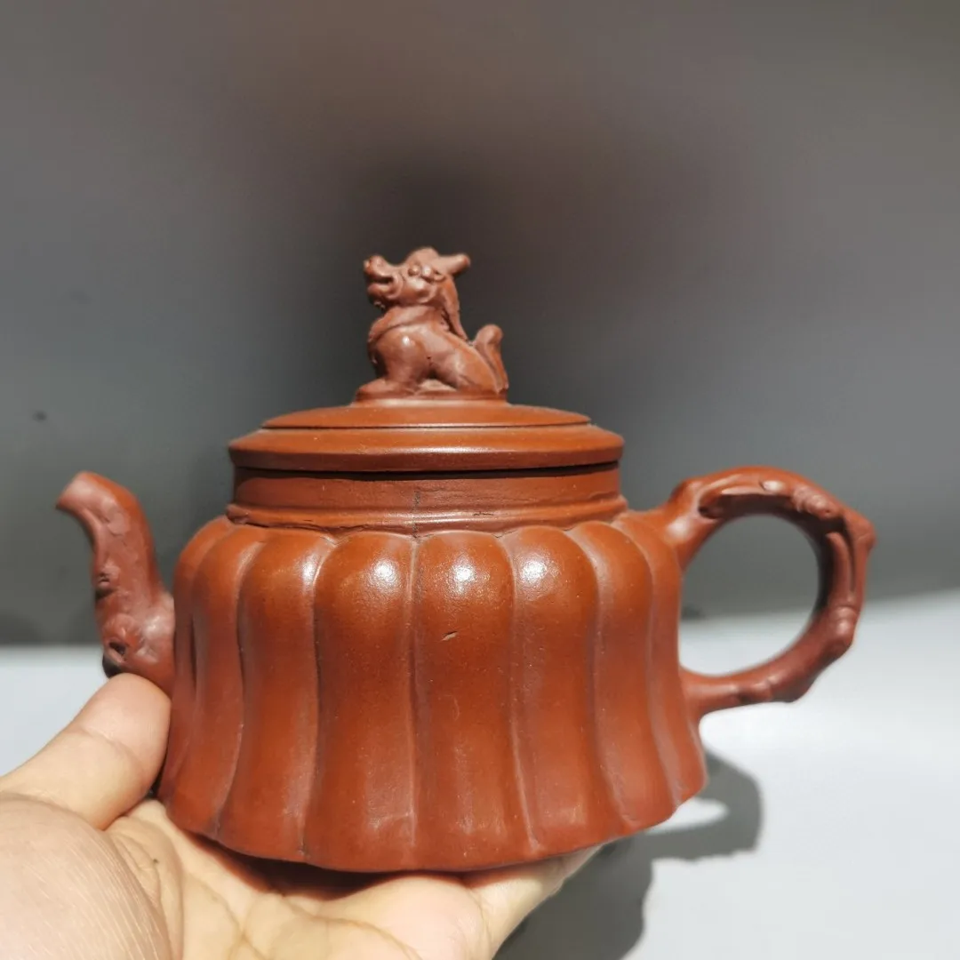 

7"Chinese Yixing Purple Clay Pot Kirin Statue Cover Kettle Line Lotus Shape Teapot Flagon Gather fortune Office Ornaments