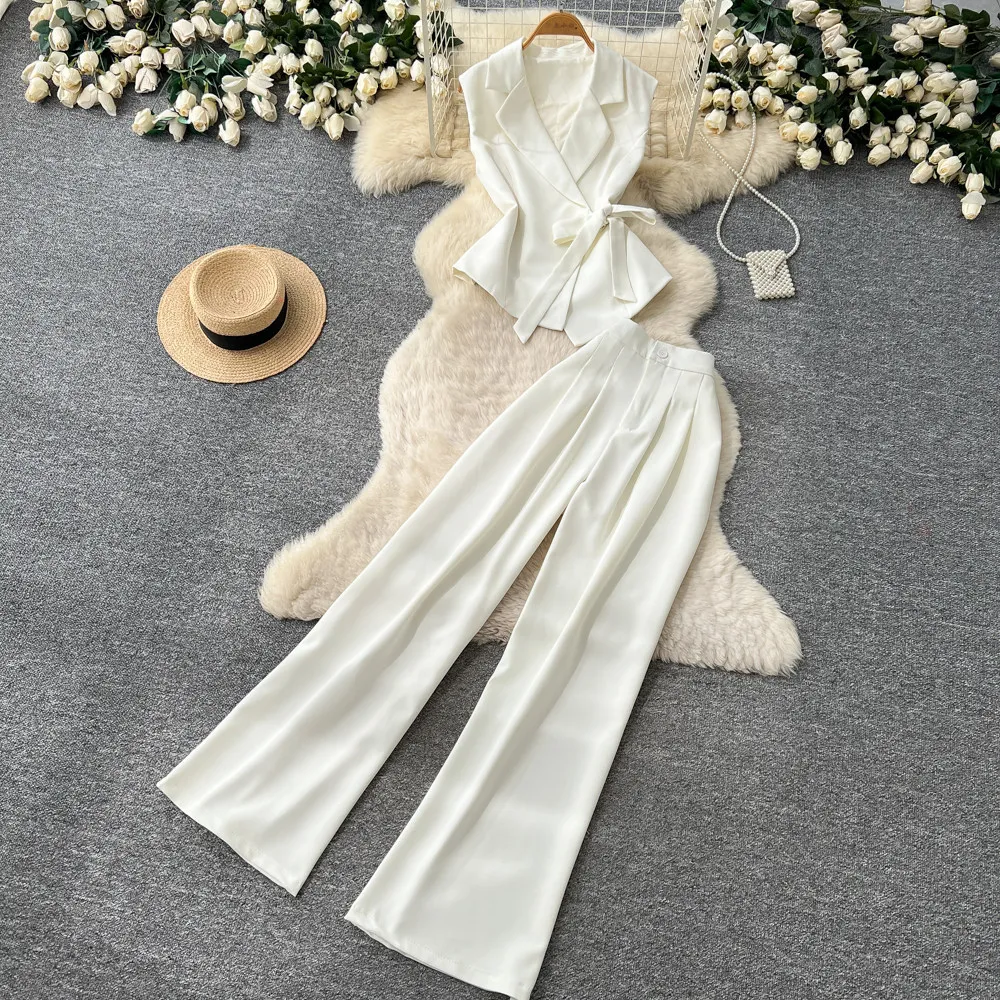 

Pant Set Women Two Piece Sets Turn Down Collar Sleeveless Coats Wide Leg Long Pants Tight Waist Y2k Streetwear Elegant Spring