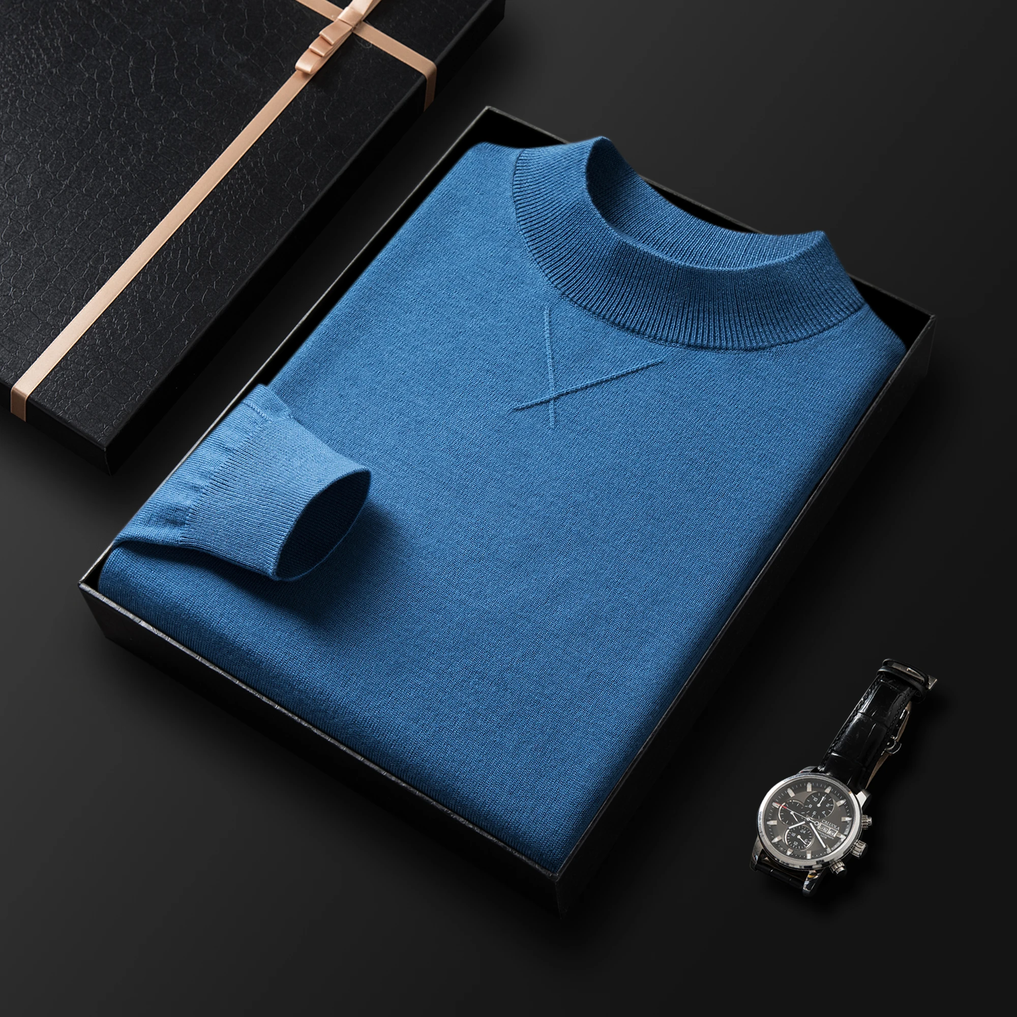 

100% Worsted Wool Men Tees 2025 Autumn Mock Neck Sweater Long Sleeve Sheep Wool Clothes Pullover Male Knit T-shirts