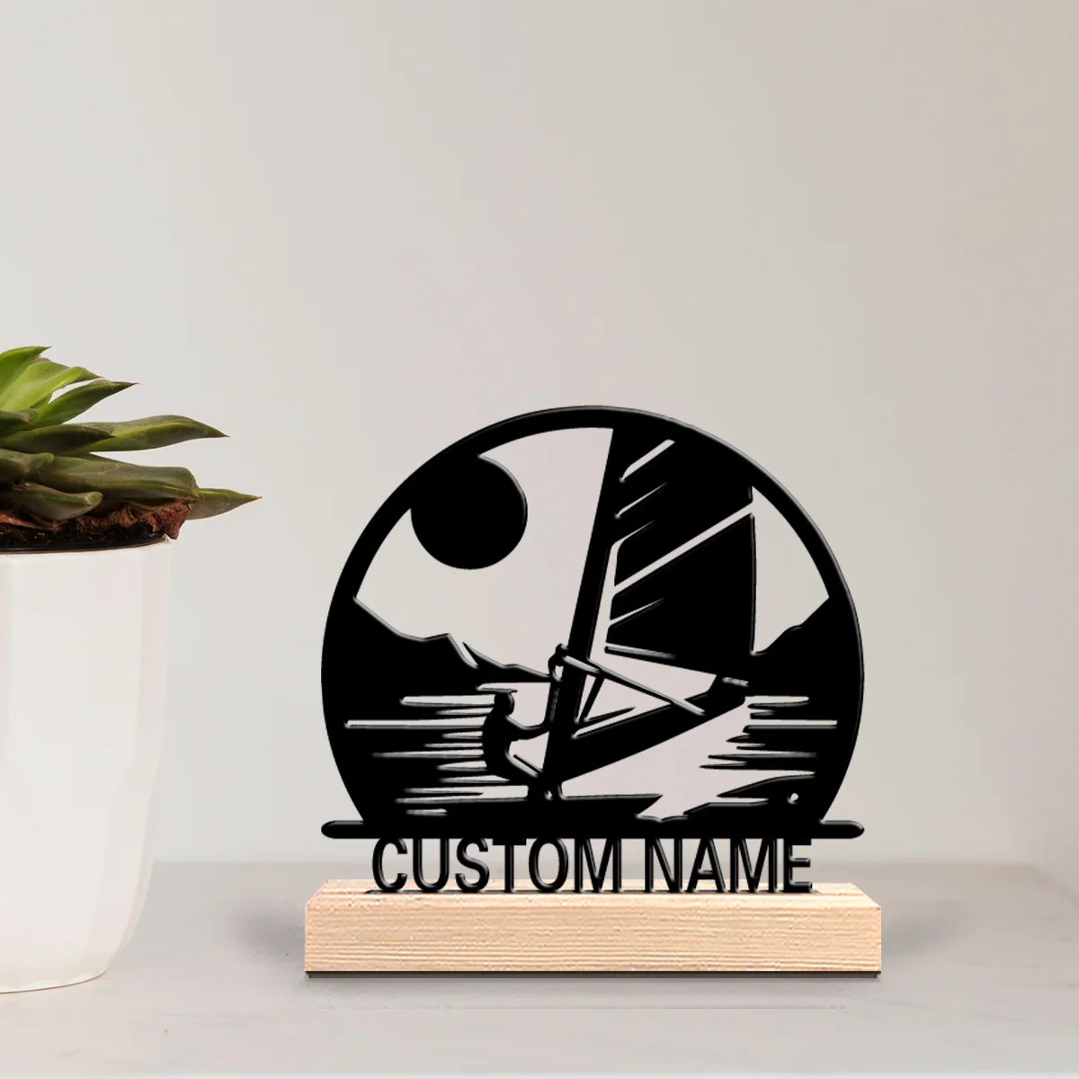 1pc Fun Personalized Custom windsurfing Metal Statues Wooden Base Bar Decor for Kitchen Dining Room Modern Rustic Themes
