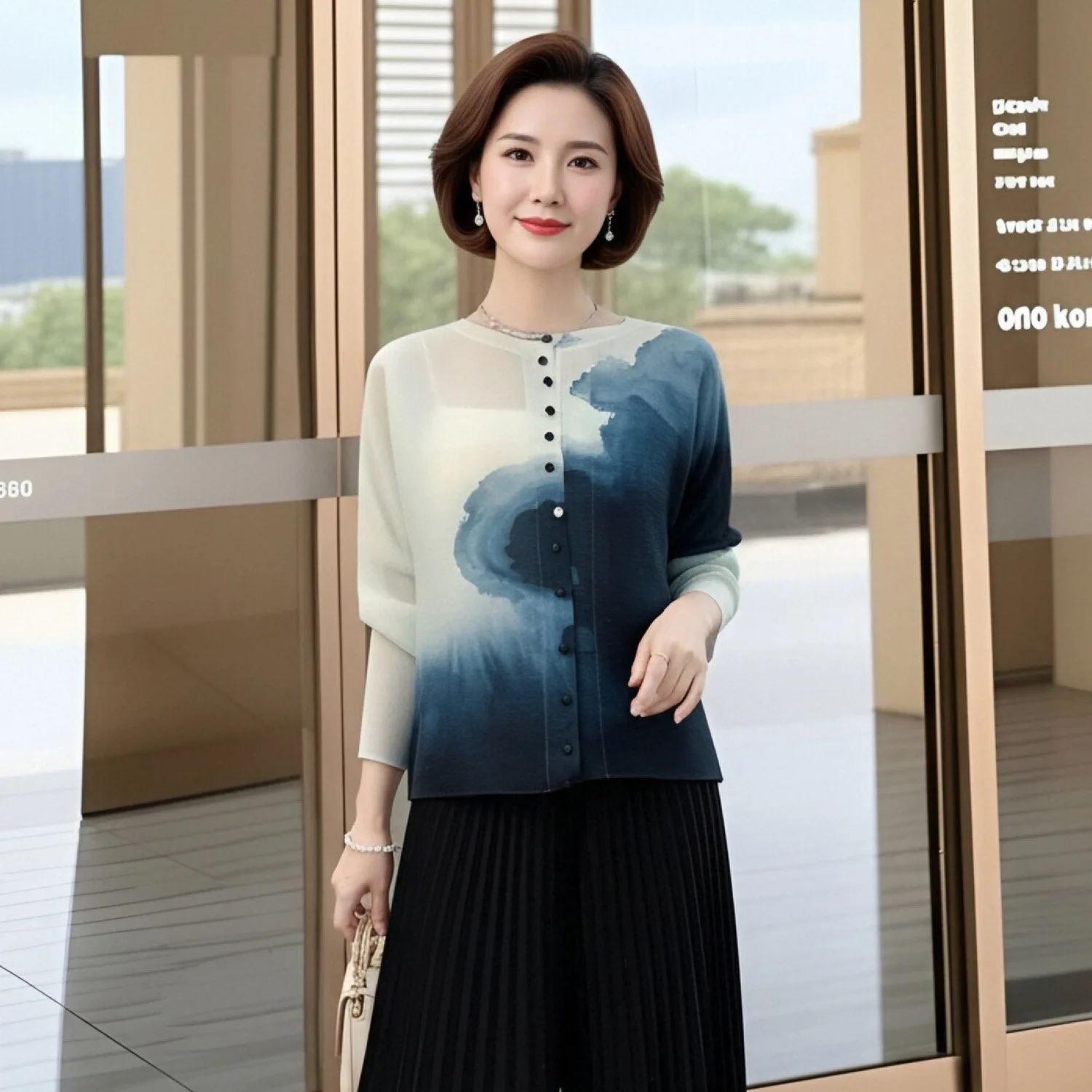 

Miyake Pleated Printed T-shirt Women's Summer 2026 New Shirt Large Size Loose Single-breasted Noble Elegant Mom Top