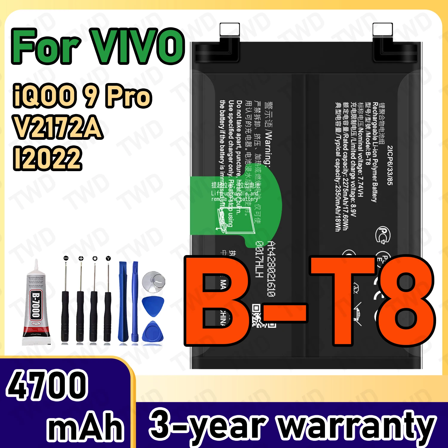 

B-T8 Large capacity 4700mAh Battery For VIVO iQOO 9 Pro/V2172A/I2022 Batteries New High Quanlity+Free Tools