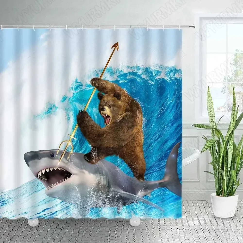

Cool Bear Riding Shark Surf Print Shower Curtain, Waterproof Polyester Bathroom Curtain with Hooks