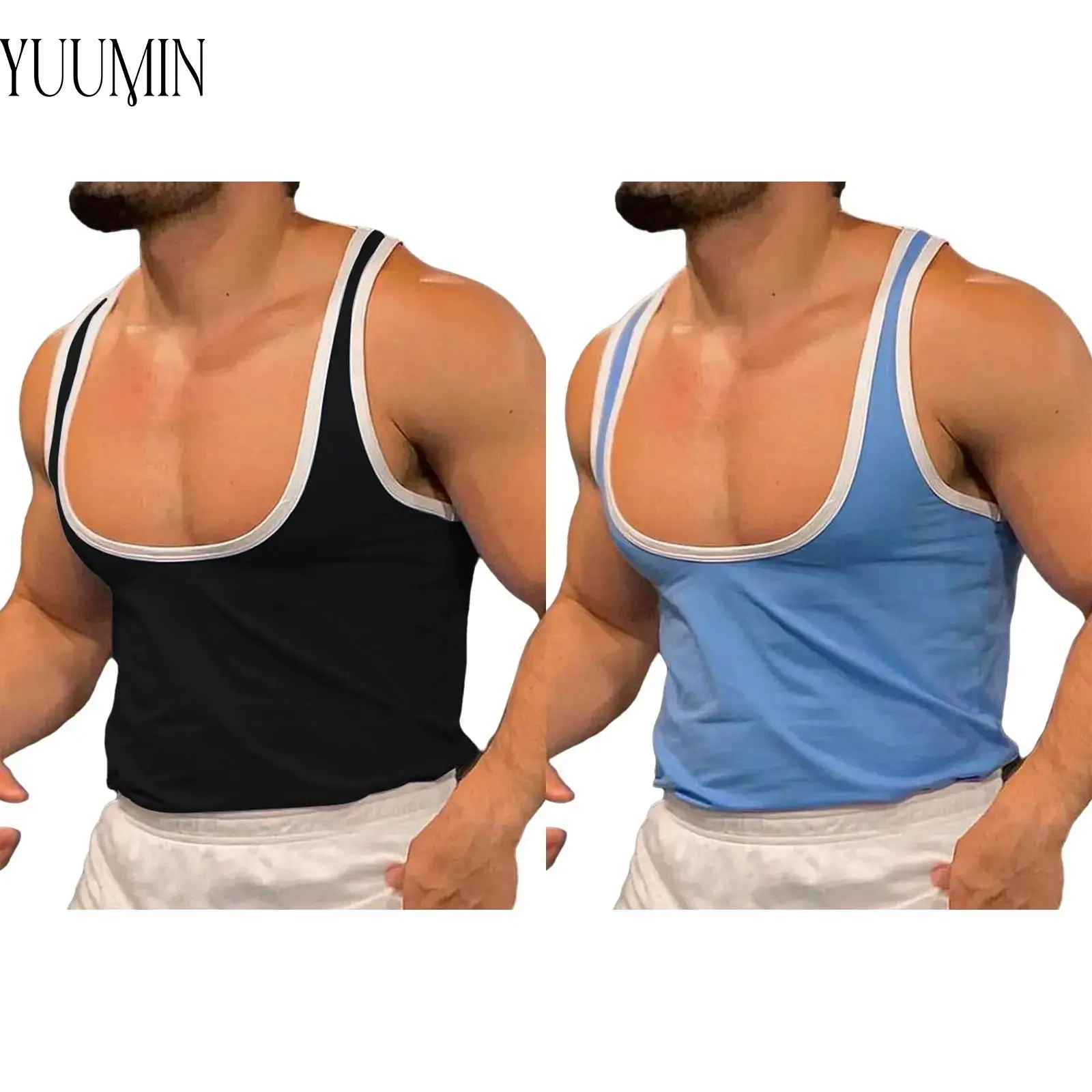 

Men's Sleeveless U Neck Athletic Bodybuilding Vest Contrast Color Trim Tank Top for Basketball Workout Gym Fitness Activewear