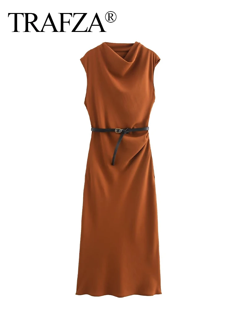 TRAFZA Autumn Women' Fashion Solid Sleeveless O Neck Slim Long Dresses Female With Belt Chic Elegant Versatile Woman Dress